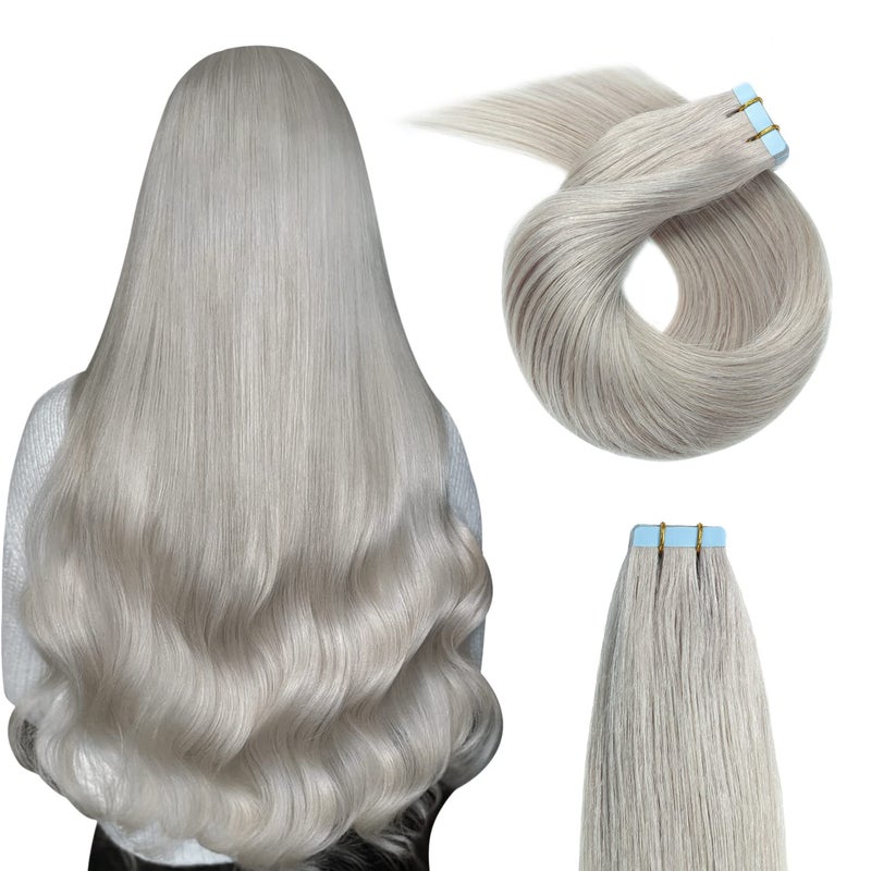 YILITE 20 Packs 40g Silver Tape in Hair Extensions 14inch Remy Human Hair Seamless Skin Weft