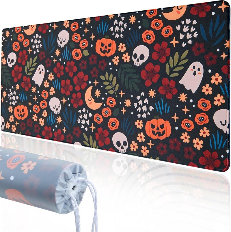 Armindou Halloween Skull Desk Mouse Pad, 12x32 Inch Large Gaming Fall Desk Mat for Desktop Computer Office Keyboard Pad, XL Flowers Pumpkins Mouse Pads Mat, Non-Slip Base, Neoprene Backing and Jersey Surface - Image 1