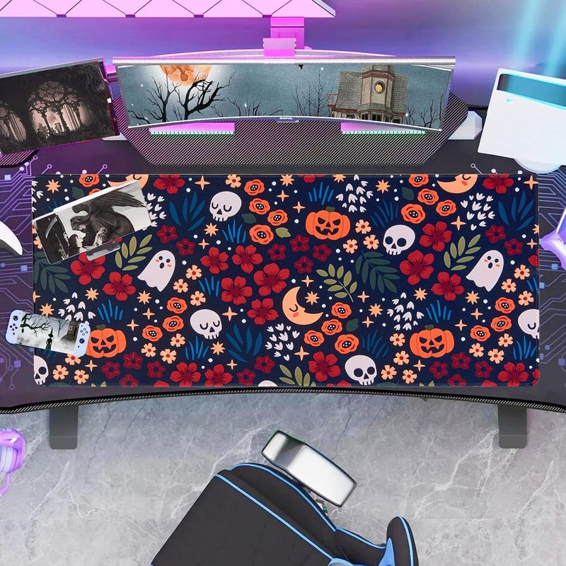 Armindou Halloween Skull Desk Mouse Pad, 12x32 Inch Large Gaming Fall Desk Mat for Desktop Computer Office Keyboard Pad, XL Flowers Pumpkins Mouse Pads Mat, Non-Slip Base, Neoprene Backing and Jersey Surface - Image 3