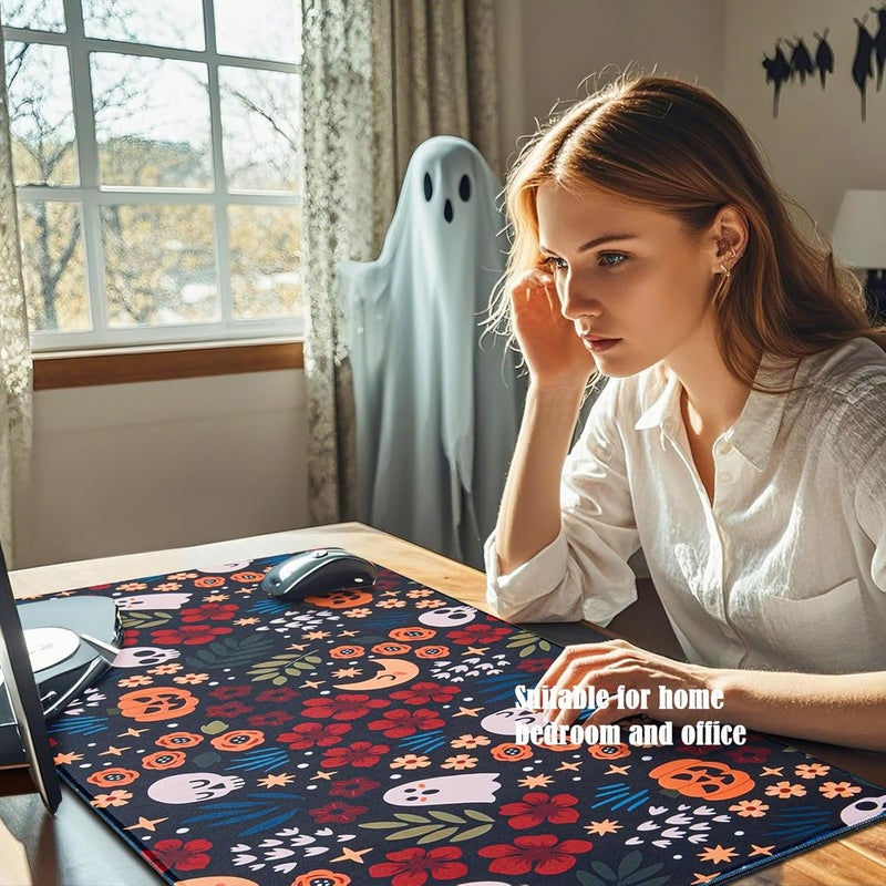 Armindou Halloween Skull Desk Mouse Pad, 12x32 Inch Large Gaming Fall Desk Mat for Desktop Computer Office Keyboard Pad, XL Flowers Pumpkins Mouse Pads Mat, Non-Slip Base, Neoprene Backing and Jersey Surface - Image 2
