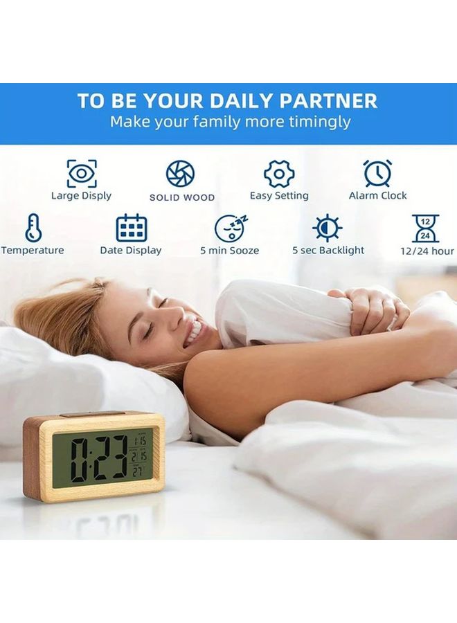 Pure Color Wood Alarm Clock Display Calendar Temperature Backlight Snooze - Image 1