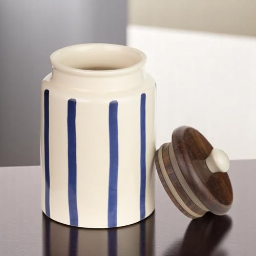 ClayStone Airtight Ceramic Jar - 900ml Each - Wooden Lid - Kitchen Containers for Sugar, Tea, Salt, Pickles, Pulses & More (Blue Lines) - Image 2