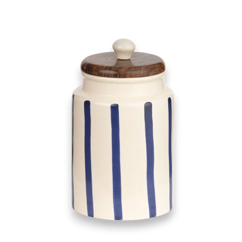 ClayStone Airtight Ceramic Jar - 900ml Each - Wooden Lid - Kitchen Containers for Sugar, Tea, Salt, Pickles, Pulses & More (Blue Lines) - Image 3