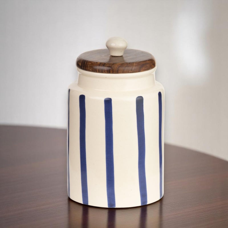 ClayStone Airtight Ceramic Jar - 900ml Each - Wooden Lid - Kitchen Containers for Sugar, Tea, Salt, Pickles, Pulses & More (Blue Lines) - Image 5