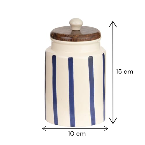 ClayStone Airtight Ceramic Jar - 900ml Each - Wooden Lid - Kitchen Containers for Sugar, Tea, Salt, Pickles, Pulses & More (Blue Lines) - Image 4