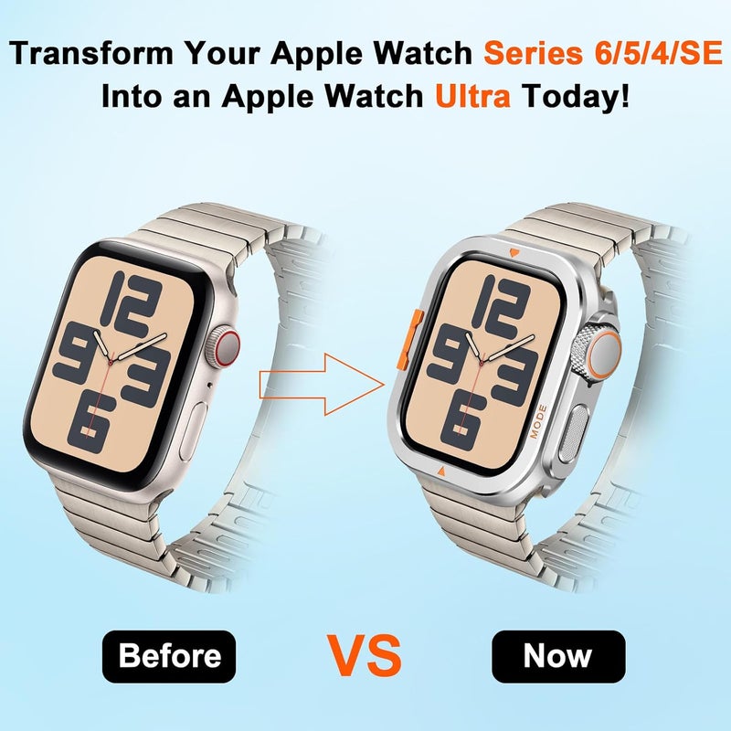 Suphart Metal Bumper Cover Compatible with Apple Watch Series 6/5/4/SE Case, [Turn 44mm into Ultra Look] Rugged Shockproof Protector with Back Frame for iWatch 44mm, Silver - Image 4