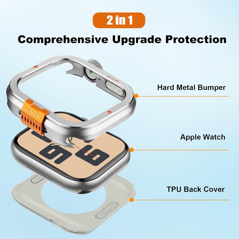 Suphart Metal Bumper Cover Compatible with Apple Watch Series 6/5/4/SE Case, [Turn 44mm into Ultra Look] Rugged Shockproof Protector with Back Frame for iWatch 44mm, Silver - Image 2