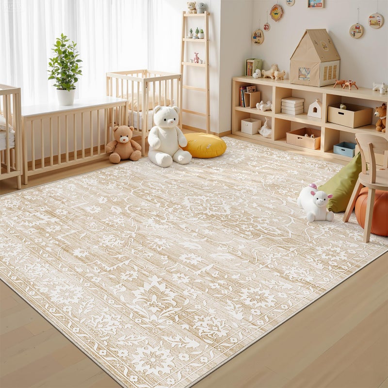 Soalmost 5x7 Area Rugs for Living Room, Washable Vintage Floral Non-Slip Low Pile Natural Rug Soft Throw Carpet for Dining Room Bedroom Home Office Nursery (Beige, 5'x7') - Image 3