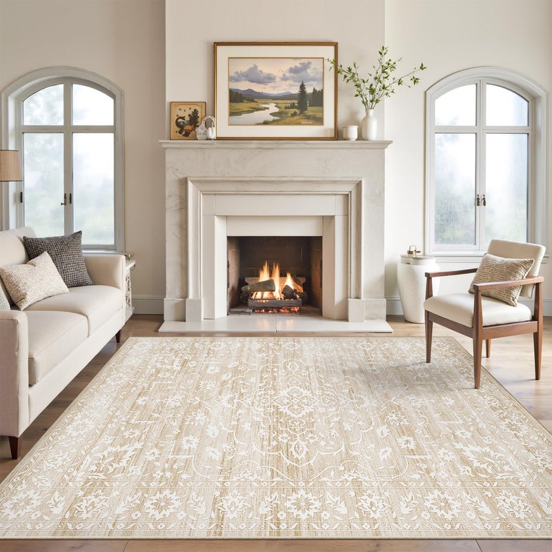 Soalmost 5x7 Area Rugs for Living Room, Washable Vintage Floral Non-Slip Low Pile Natural Rug Soft Throw Carpet for Dining Room Bedroom Home Office Nursery (Beige, 5'x7') - Image 1