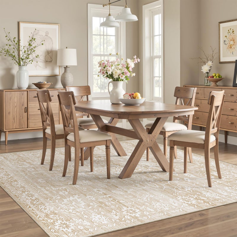 Soalmost 5x7 Area Rugs for Living Room, Washable Vintage Floral Non-Slip Low Pile Natural Rug Soft Throw Carpet for Dining Room Bedroom Home Office Nursery (Beige, 5'x7') - Image 4