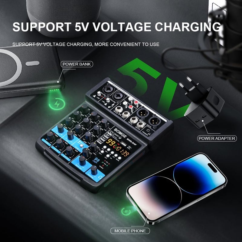 BOMGE 4 Channel mini DJ Audio Sound Mixer Interface with MP3、 USB, Bluetooth, Stereo Recording, 48V Phantom Power, 24 DSP for karaoke, performance, church singing 、 streaming - Image 5