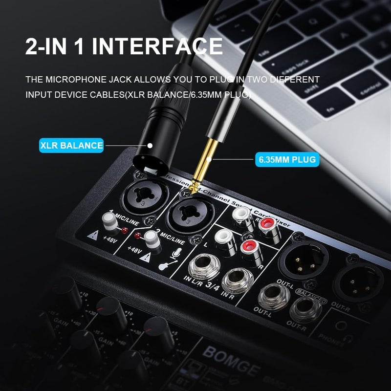 BOMGE 4 Channel mini DJ Audio Sound Mixer Interface with MP3、 USB, Bluetooth, Stereo Recording, 48V Phantom Power, 24 DSP for karaoke, performance, church singing 、 streaming - Image 3
