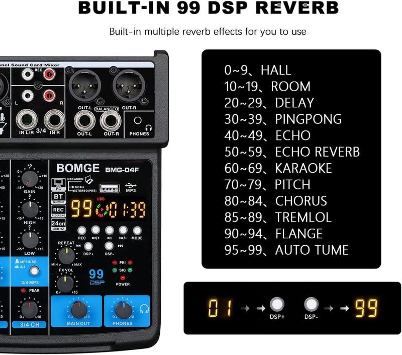 BOMGE 4 Channel mini DJ Audio Sound Mixer Interface with MP3、 USB, Bluetooth, Stereo Recording, 48V Phantom Power, 24 DSP for karaoke, performance, church singing 、 streaming - Image 2