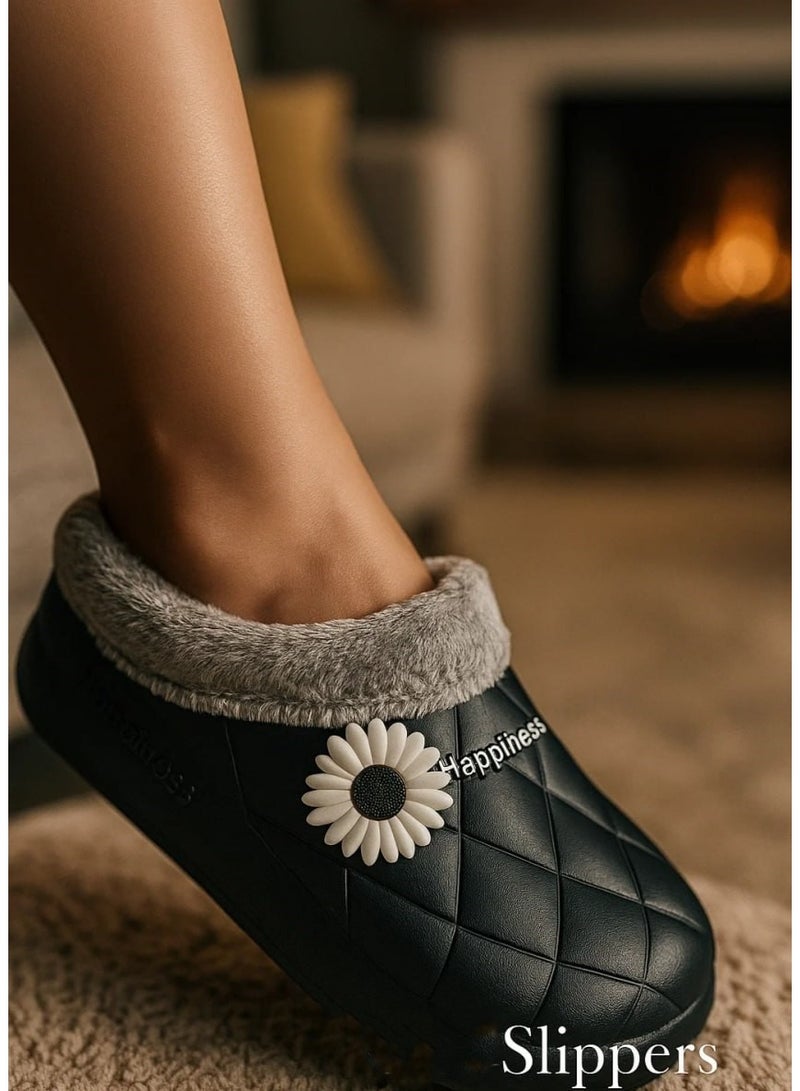هابينيس Winter Home Slippers with Faux Fur & Elegant Flower - Size 29-30 - Image 1