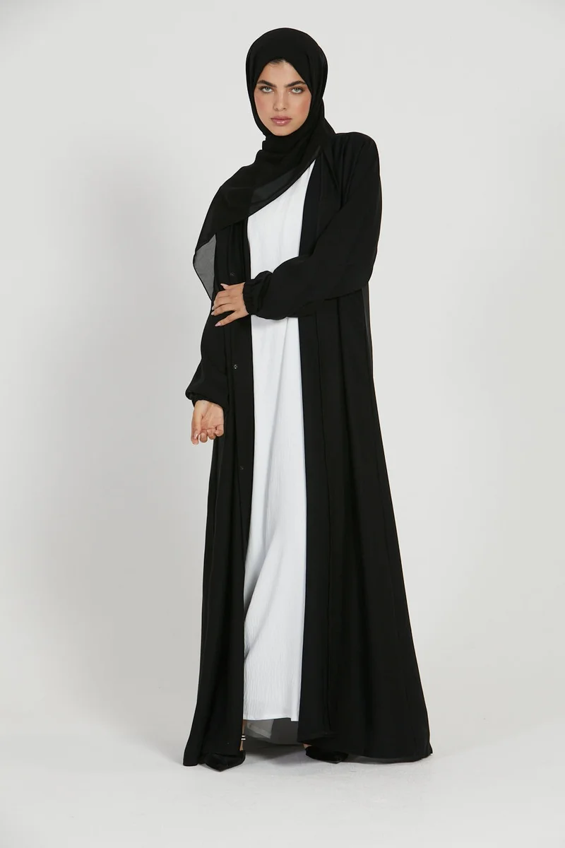 NUKHBAA Elegant Black plain abaya wityh belt and Hijab-AB62