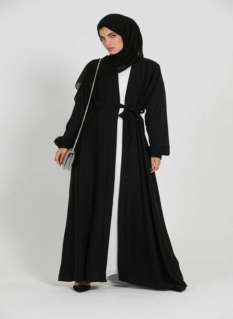 NUKHBAA Elegant Black plain abaya wityh belt and Hijab-AB62  - Image 1