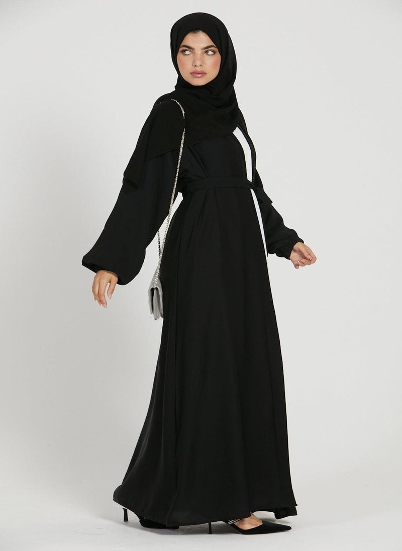 NUKHBAA Elegant Black plain abaya wityh belt and Hijab-AB62  - Image 2