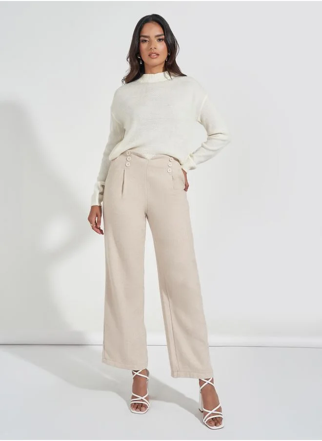 Styli Button Detail Wide Leg Full Length Pants