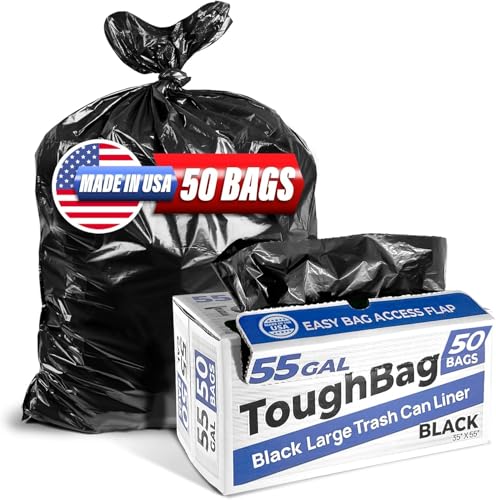 ToughBag 55 Gallon Trash Bags, 55-60 Gallon Trash Bags Heavy Duty (50 COUNT) - Large Black Trash Can Liners, 50-60 Gal for Contractors, Commercial, and Lawn - Made in USA - Image 1