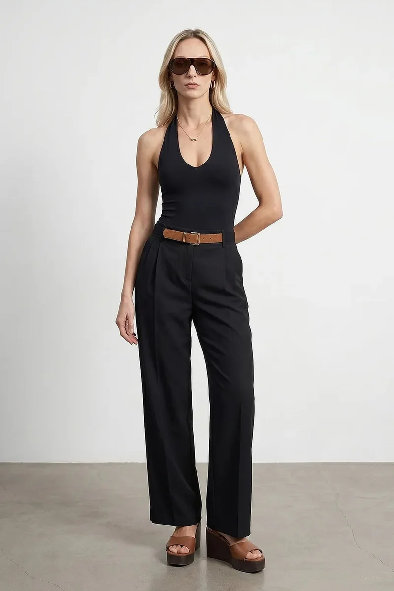 Dilvin Black DILVIN Wide-Leg Belted Crepe Trousers for Women | Best Price UAE