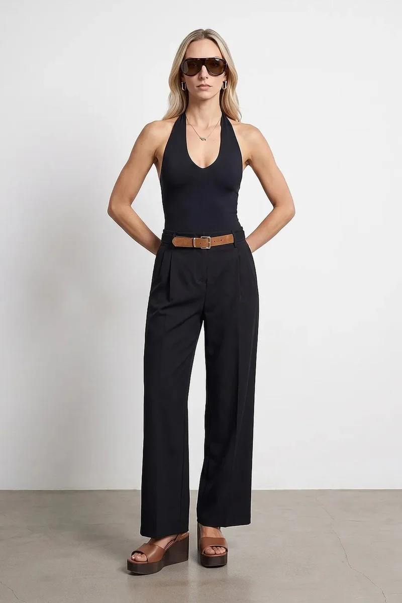 Dilvin Black DILVIN Wide-Leg Belted Crepe Trousers for Women | Best Price UAE