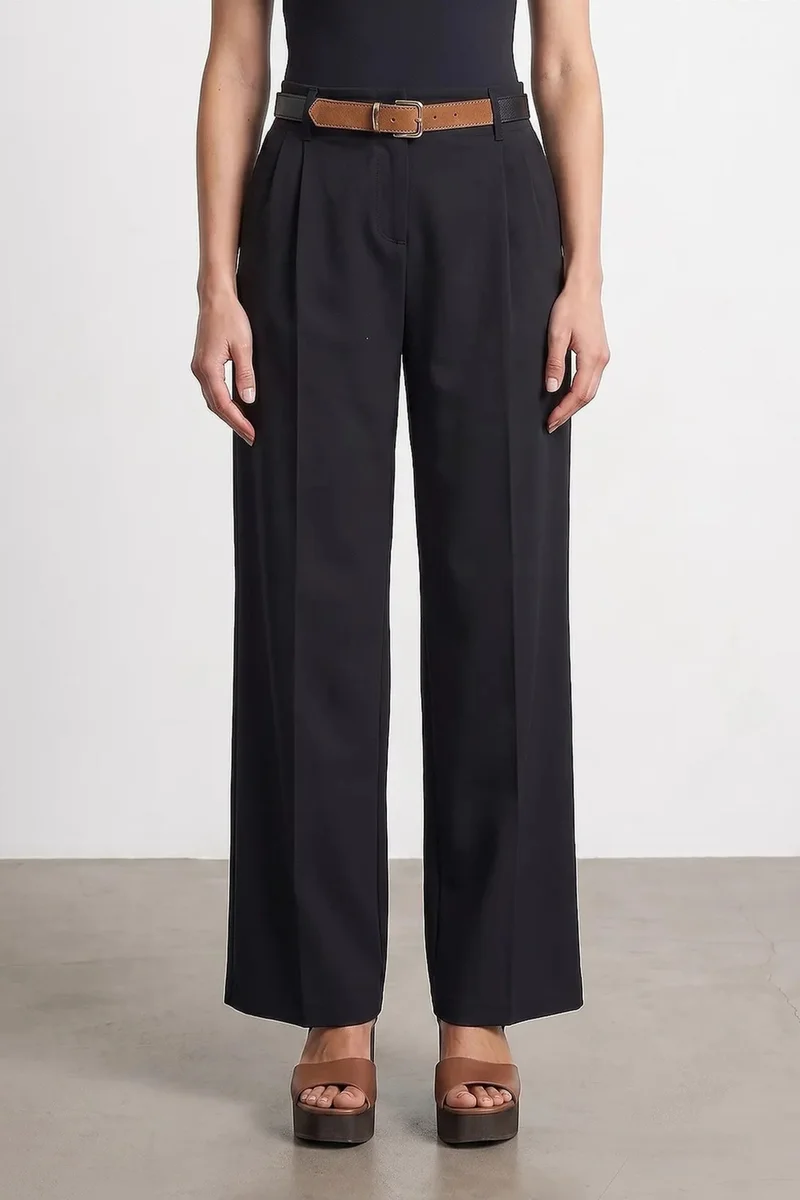 Dilvin Black DILVIN Wide-Leg Belted Crepe Trousers for Women | Best Price UAE
