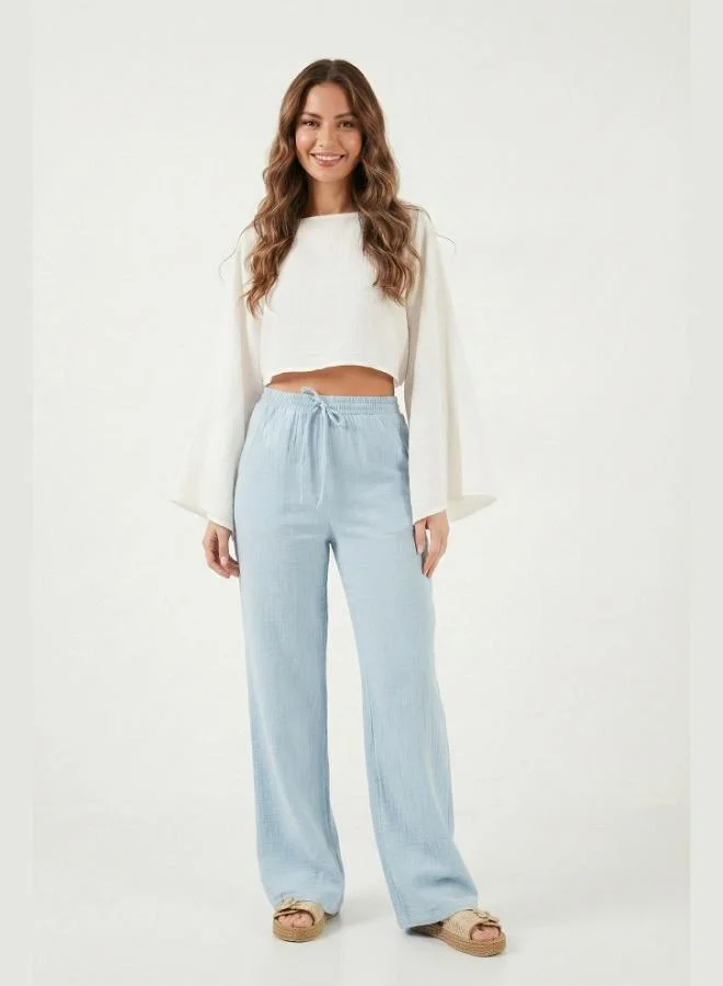 Lela Lela Cotton Tie-Up Relaxed Fit High Waist Wide Leg Muslin Trousers Women's Pants 5866663