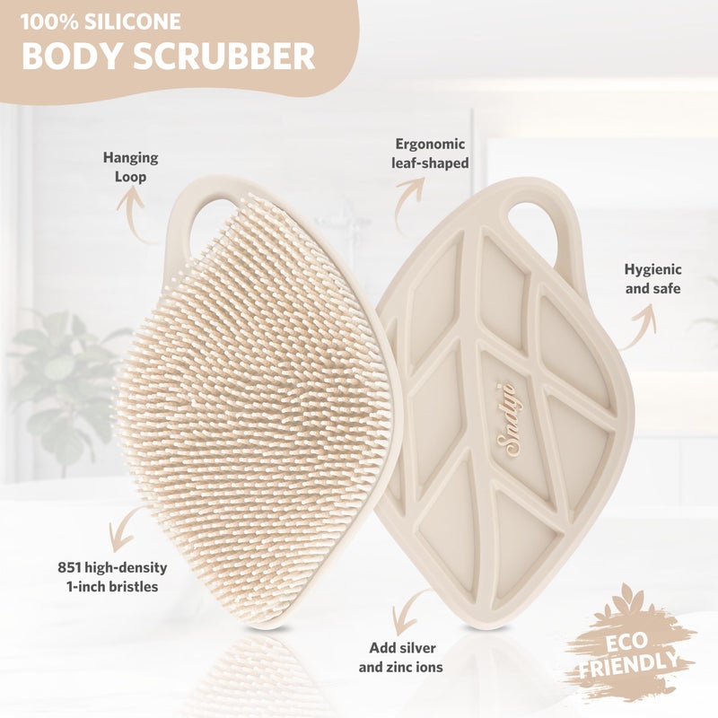 Sndyi Silicone Body Scrubber, Gentle Exfoliating Body Scrubber for Sensitive Skin, Leaf Shaped Shower Scrubber for Body with Lathering Bristles, Silicone Loofah Body Brush for Showering, Oatmeal - Image 2