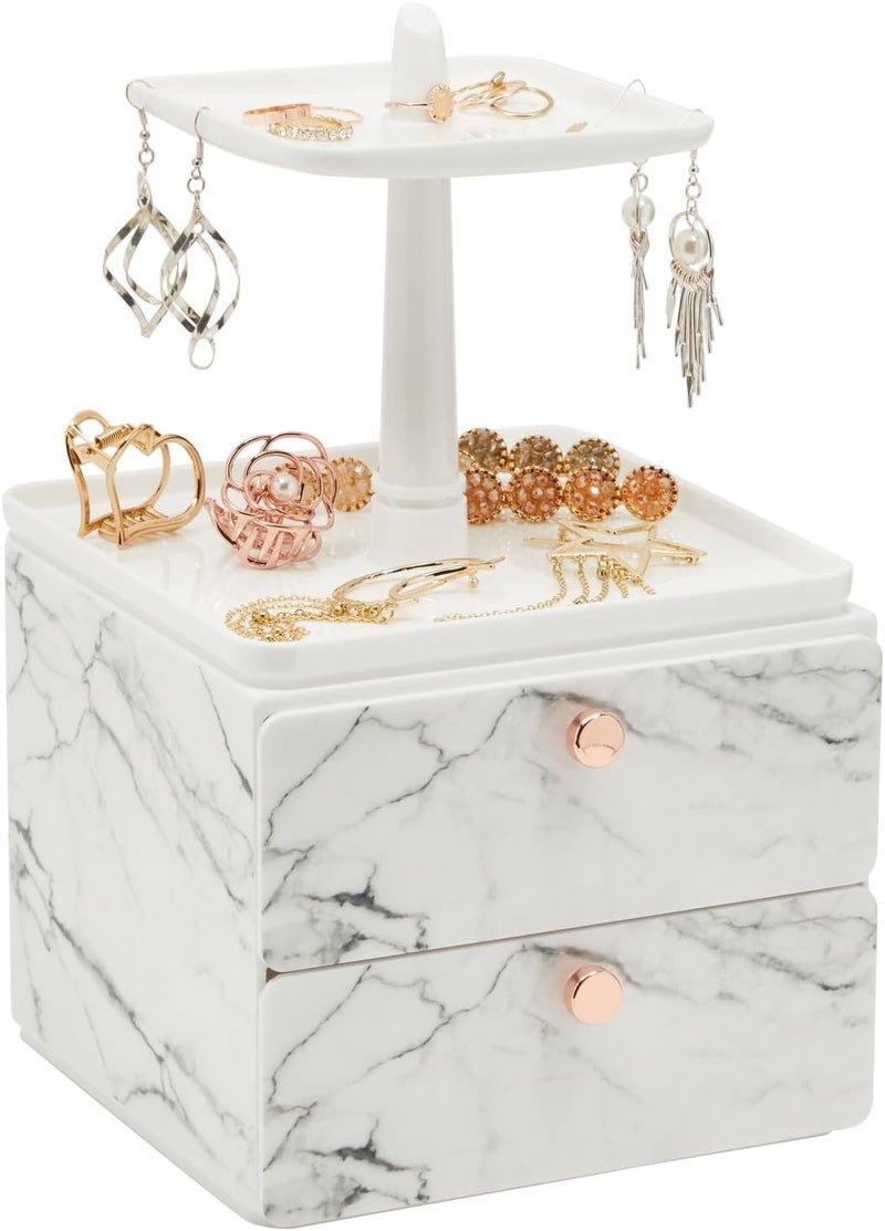 Glamlily Marble Jewelry Display Tray and Makeup Organizer with Drawer for Vanity (7.3 x 7.7 x 13 in)