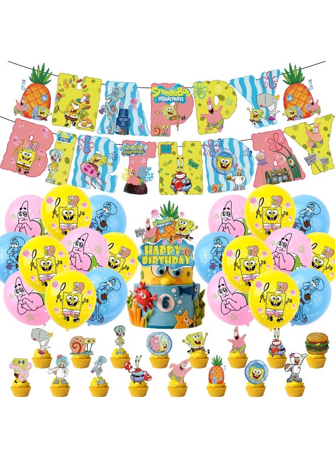 Party Spongebob Balloon Set with Happy Birthday Banner, Balloons, Cake Inserts, Perfect for Graduation Baby Shower Birthday Bachelorette Party Backdrop Decoration, Suitable for Indoor and Outdoor - Image 1