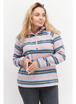 Women High Neck Long Sleeve Stripe Sweatshirt, Mauve Combo