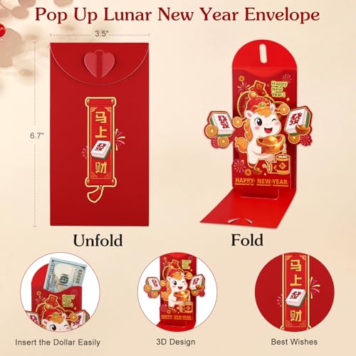 D4DREAM 2026 Year of the Horse Chinese New Year Card & 3D Red Envelope Set - Cute Horse Design, Wish You Prosperity Happy New Year Gift for Family Kids Friends Coworker - Image 3