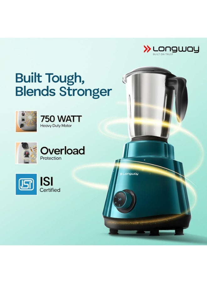 Longway Super Pro Juicer Mixer Grinder | Up to 750 Watt Powerful Motor | 4 Jars for Grinding, Mixing, Juicing | 2 Year Warranty | Teal & Black - Image 5
