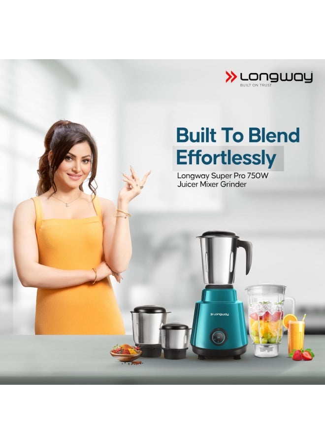 Longway Super Pro Juicer Mixer Grinder | Up to 750 Watt Powerful Motor | 4 Jars for Grinding, Mixing, Juicing | 2 Year Warranty | Teal & Black - Image 3