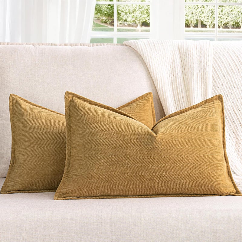 ZWJD Mustard Yellow Throw Pillow Covers 12x20 Set of 2 Chenille Pillow Covers with Elegant Design Soft and Luxurious Decorative Throw Pillows for Couch, Bed, and Home Decor - Image 1