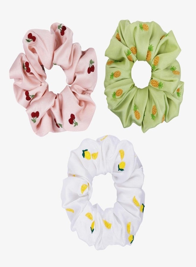 MASQ by Q-One Hair Accessories, Summer_Fruits Embroidered, Handmade, Satin Organza Scrunchies/Hair Bands for Women, Girls with Elastic (Multicolor, Pack of 3) - Image 1