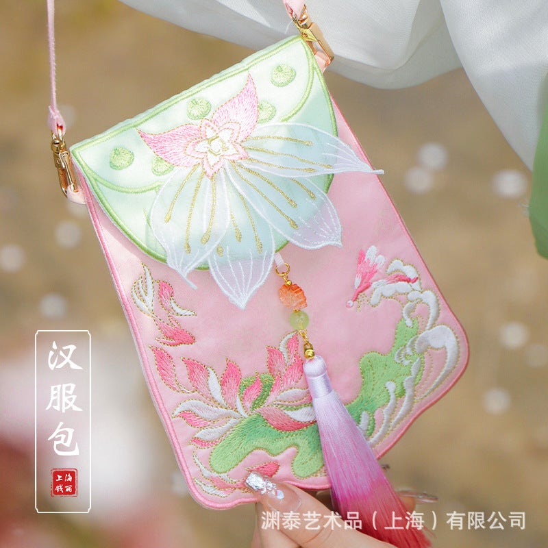 [Yuantai] Embroidered Hanfu Bag Antique Retro Embroidered Lotus Accessories Bag Guofeng Mobile Phone Bag Embroidered Sachet Lotus leaf skirt Han clothing bag (100cm bag belt) 