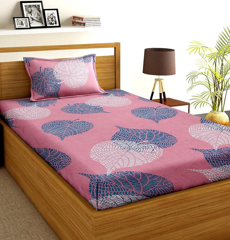 BSB HOME Glace Cotton 180 TC Big Flower Printed Single Bedsheets with 1 King Size Pillow Cover 60X90 Inches 5 x 75 Feet Light Pink and Green - Image 1