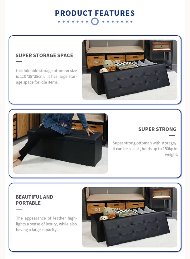DBLEW Folding Storage Ottoman Bench with Padded Faux Leather Seat, Large 160L Rectangular Storage Box, Shoe Changing Stool, Footrest, Space Saving Furniture for Bedroom & Living Room –(110x38x38 cm) - Image 5