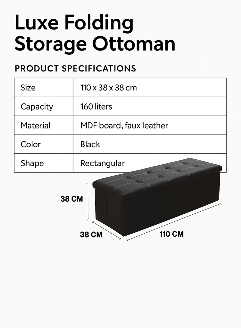 DBLEW Folding Storage Ottoman Bench with Padded Faux Leather Seat, Large 160L Rectangular Storage Box, Shoe Changing Stool, Footrest, Space Saving Furniture for Bedroom & Living Room –(110x38x38 cm) - Image 2
