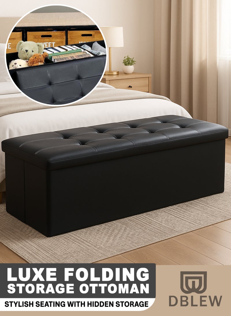 DBLEW Folding Storage Ottoman Bench with Padded Faux Leather Seat, Large 160L Rectangular Storage Box, Shoe Changing Stool, Footrest, Space Saving Furniture for Bedroom & Living Room –(110x38x38 cm) - Image 1