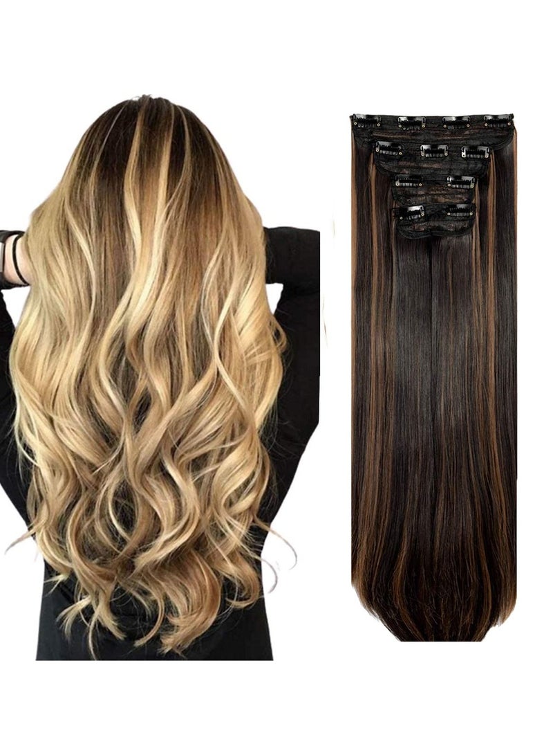 Estelle Clip in Hair Extensions 4Pcs 11Clips Straight Thick Full Head Double Weft Clip on Synthetic Hair Extension Hairpieces for Women Color Dark Brown Mix Light Auburn Straight - Image 1