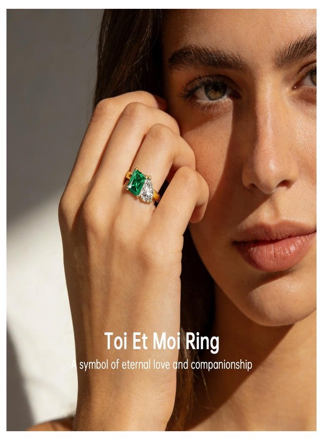 Yaresul 2.75ct 14K Gold Plated Toi Et Moi Women's Engagement Ring 6x8mm Pear & Emerald Cut Double Stone Ring AAAAA Cubic Zirconia 925 Sterling Silver Wedding Band Width 2mm Size 5-9, 5, Sterling - Image 5