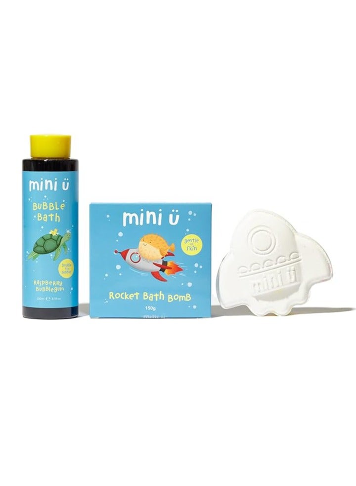 Mini U Raspberry Rocket Gift Set: Includes 1 Bottle of Raspberry Bubble Bath (250ml) and 1 Rocket-Shaped Bath Bomb (150g) - Perfect for Fun, Fruity, and Relaxing Bath Time for Kids and Adults Alike - Image 1