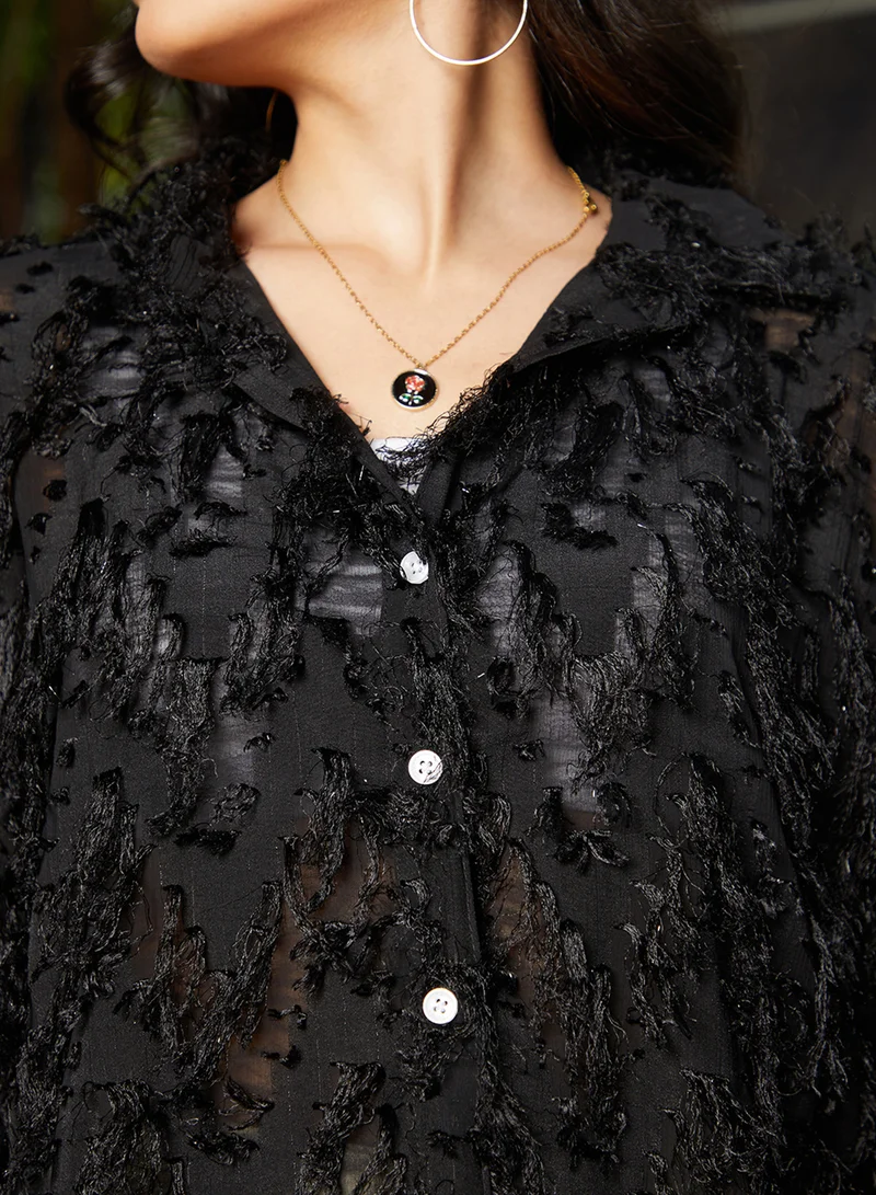 Campus Sutra Women's Onyx Black All-Over-Tassel Shirt
