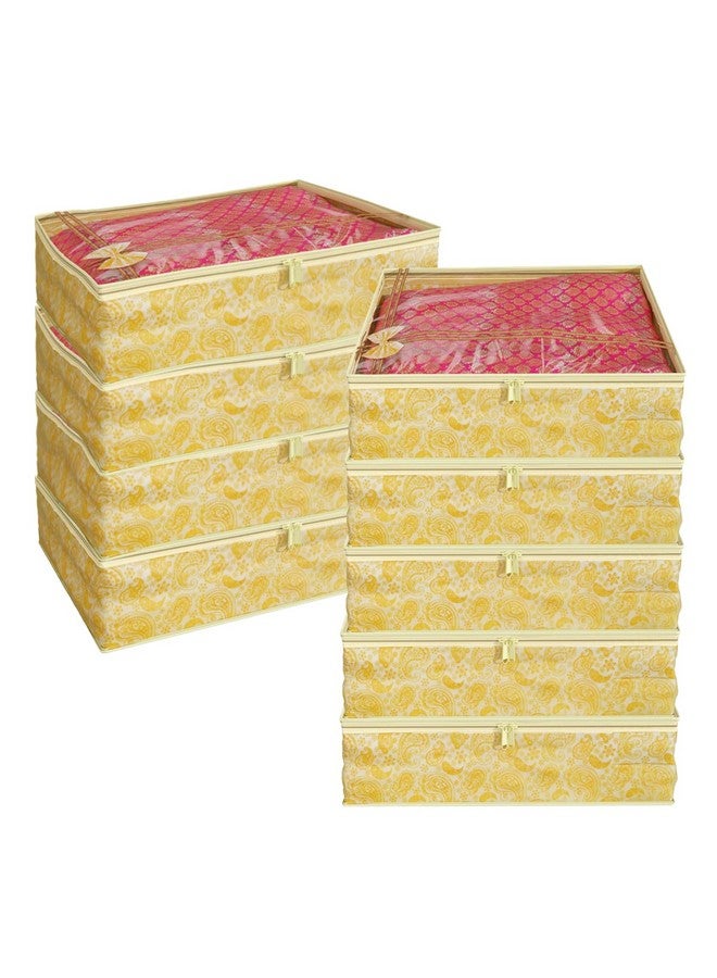 Kuber Industries Kuber Industries Non Woven Pack Of 9 Saree Cover|Cloth Packing Bags With Zip|Dress Pouches For Storage|Suit Bags For Women|Saree Organizer For Wardrobe Gold|3 Inch|Gold - Image 1