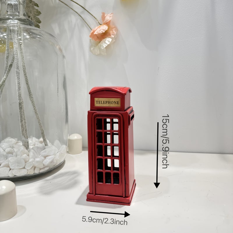 Handmade Metal Creative Industrial Vintage Style Red Telephone Booth Penny Bank Desktop Decoration Gift - Image 2