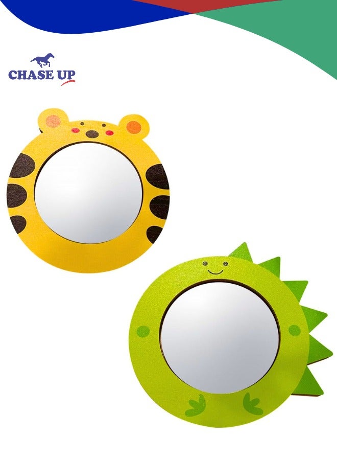 Chase Up 2 Pcs Bath Mirrors, Baby Mirror Bathing Toy Cute Cartoon Animal | Baby Bath Toys Tiger Dinosaur Bath Mirrors | Animal Educational Play Toy Mirror Safe & Fun Interactive Baths Time - Image 1