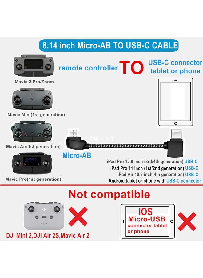 Hanatora Micro-AB to USB C 8.14 Inch Remote Controller Cable for DJI Mavic Mini, Mini SE & Mavic 2 Pro/Zoom, Air, Pro Platinum; OTG Nylon Braided Type C Tablet Data Cord (Type-C Connector) - Image 2