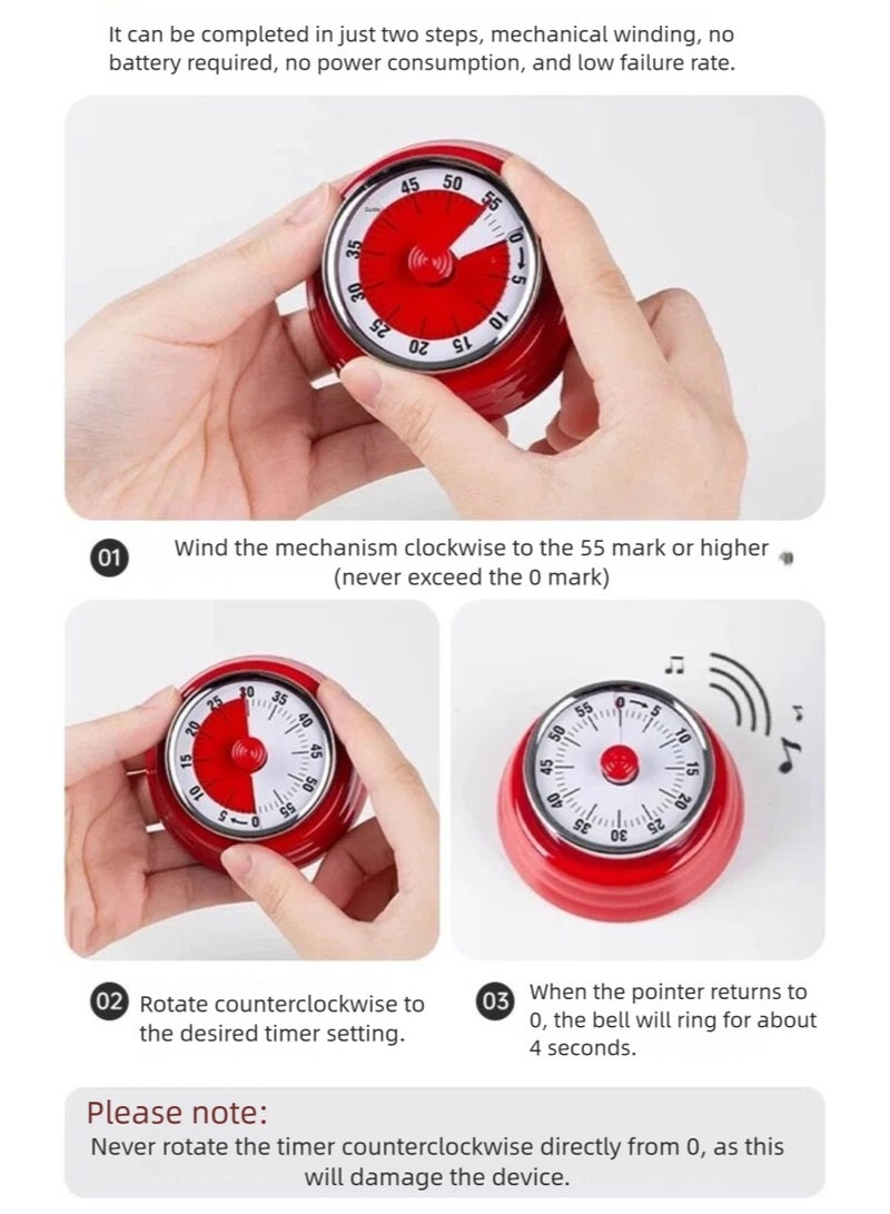 Kitchen Timer Kitchen Alarm Clock No Batteries Mechanical Timer 60 Minute Timer Cooking Learning Fitness Entertainment Timing Alarm Clock (Red) - Image 5
